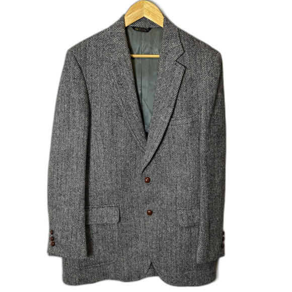 Vintage Marshall & Reed Harris Tweed Black Gray Herringbone Sport Coat Size 42 - Picture 2 of 15